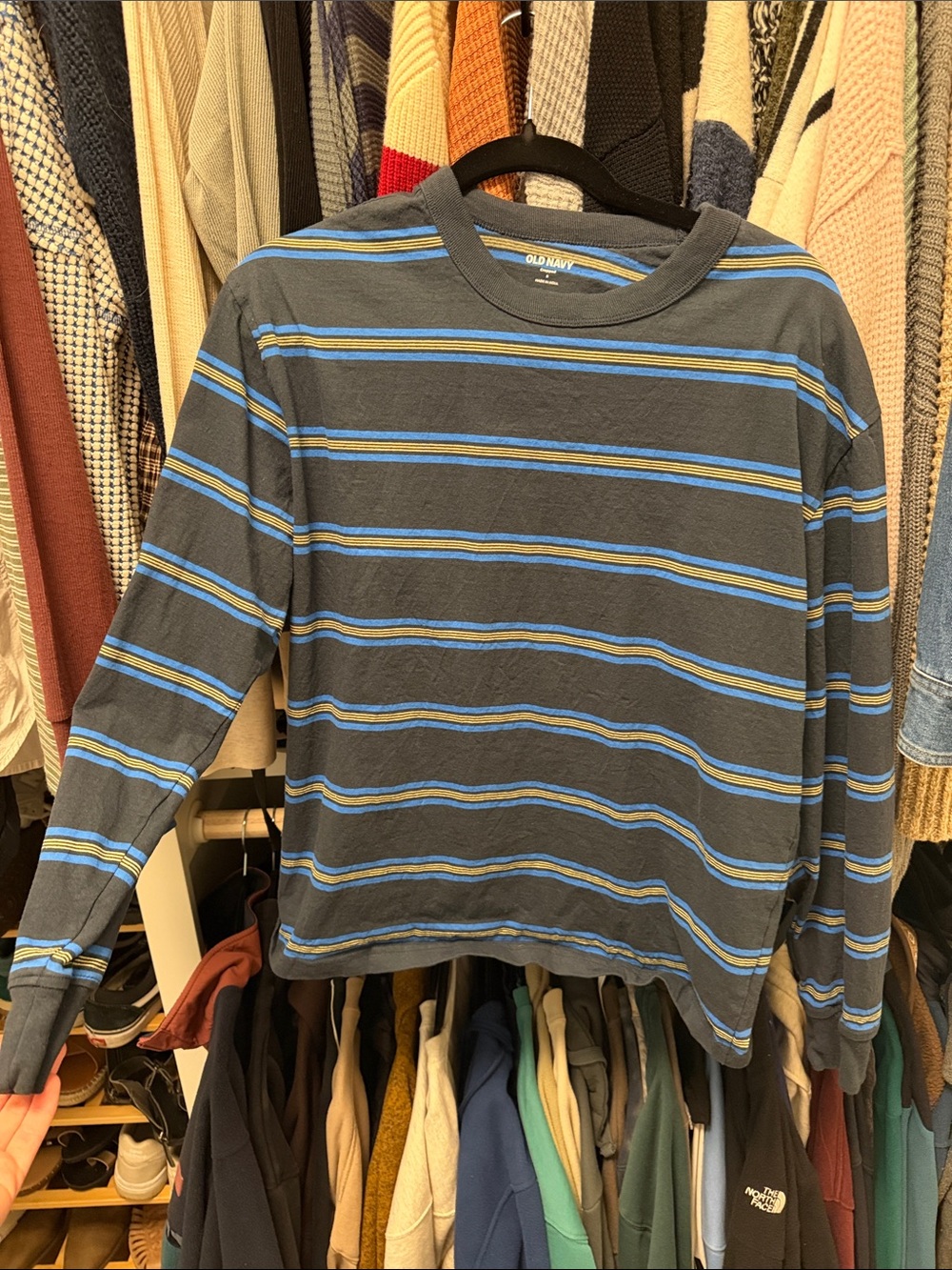 Old Navy Men's Gray Crewneck Sweater with Blue Stripes